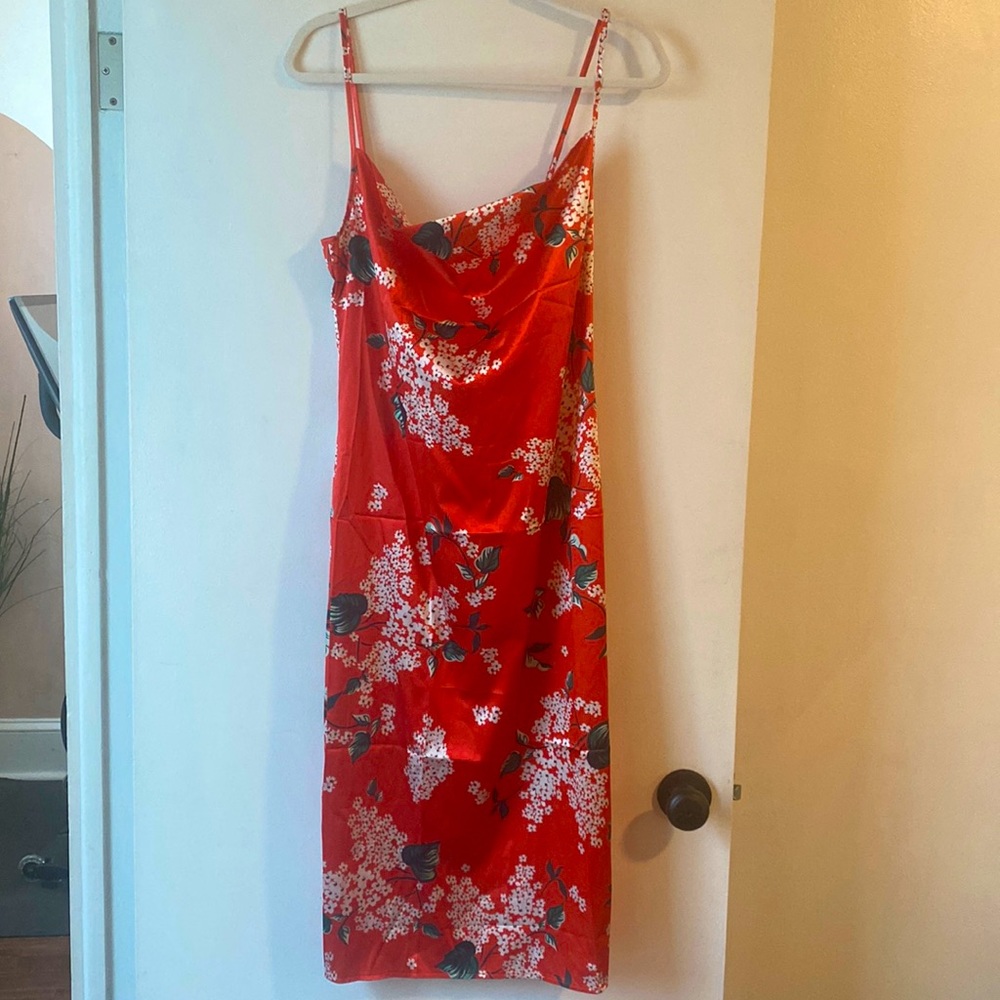 Red Silky Floral T-Length Dress